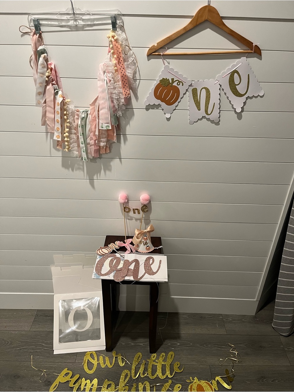 One First Birthday Party (Pumpkin Theme) Banner and Décor Set - Pink and Gold